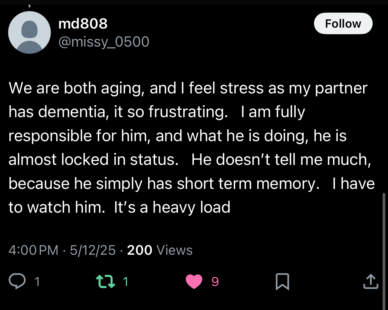 Social media post about caring for a partner with dementia